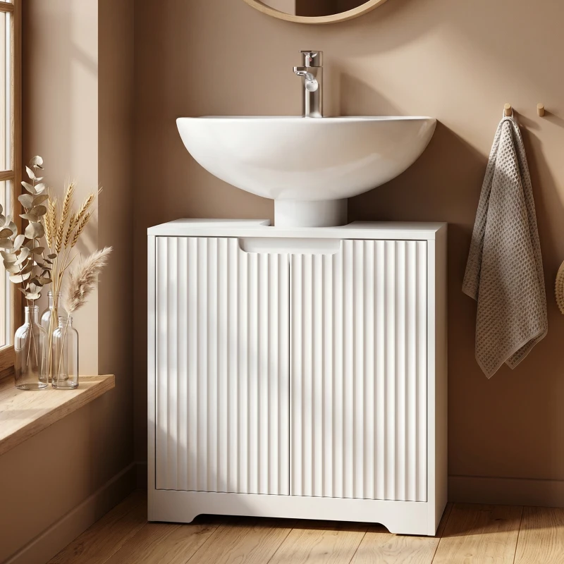 HOMCOM Mueble Bajo Lavabo con Puertas de Cierre Suave y Diseño Acanalado 2 Estantes para Lavabo con o sin Pedestal Blanco