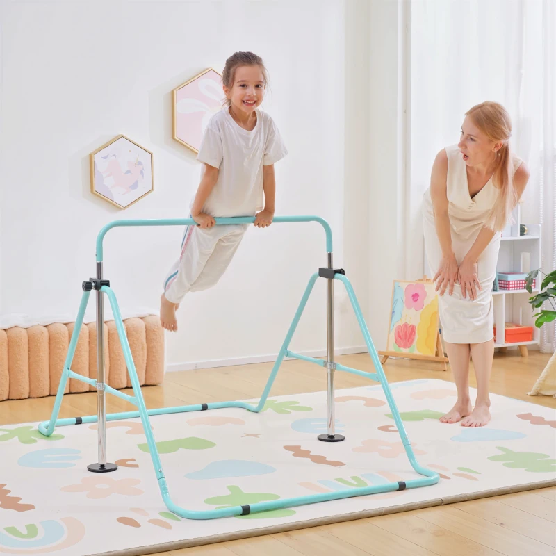 HOMCOM Barra de Gimnasia Artística Plegable Altura Ajustable Equipo de Gimnasia para Entrenamiento en Casa Azul Celeste