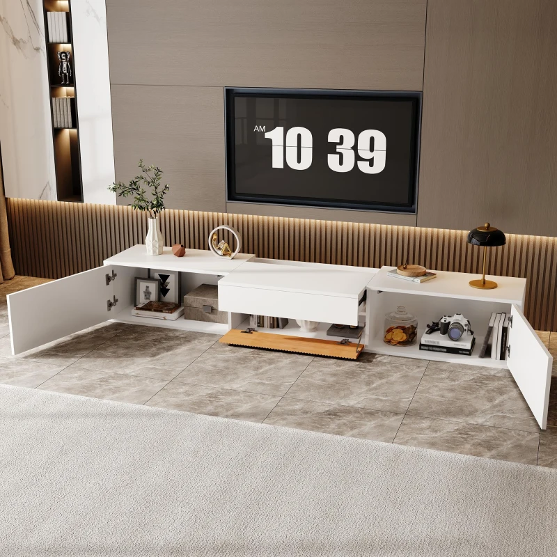 Spacious TV Cabinet with Cabinet Doors and Open Shelves, Practical TV Panel for Small Apartments and Large Bungalows, 180L x 34W x 30H cm, White+Wood