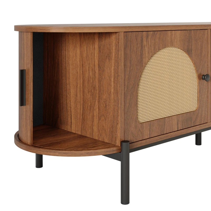 Space-Saving TV Stand with 2 Sliding Doors and 2 Drawers, Stylish TV Cabinet with Rattan Doors and Metal legs, 200L x 40W x 50H cm, Walnut
