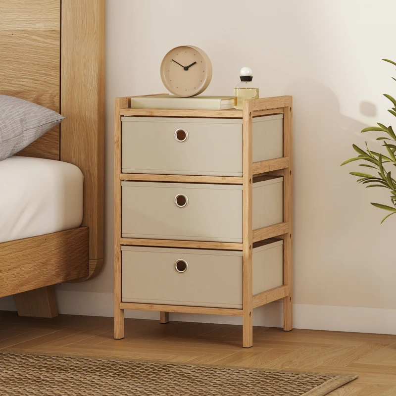 HOMCOM Chest of Drawers, 3 Fabric Drawers Narrow Dresser with Bamboo Frame, Cream White