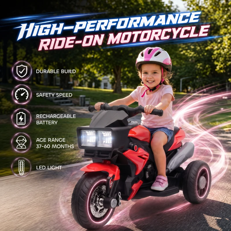 AIYAPLAY Kids Electric Motorcycle Ride-On Toy, 3-Wheel Battery-Operated Motorbike with Horn, Toddler Ride On Bike, Red