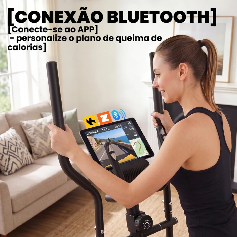 SPORTNOW Bicicleta Elíptica Silenciona com Bluetooth Compatível com App Resistência Ajustável em 8 Níveis e Ecrã LCD 100x52x153 cm Preto e Amarelo