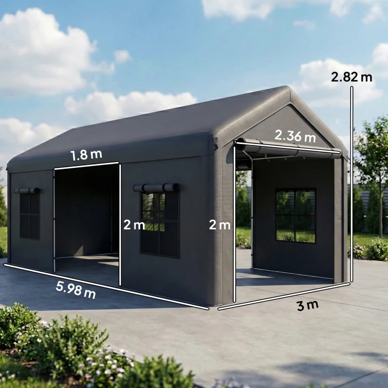 Outsunny 3 x 6 m Heavy Duty Carport, Portable Garage Car Canopy Tent with Galvanised Frame, Doors, Windows, Dark Grey