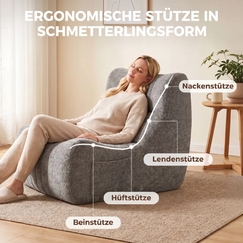 HOMCOM Bodensessel mit Rückenlehne, rahmenloser Gaming-Sessel für Erwachsene mit Seitentaschen, für Wohnzimmer und Schlafzimmer