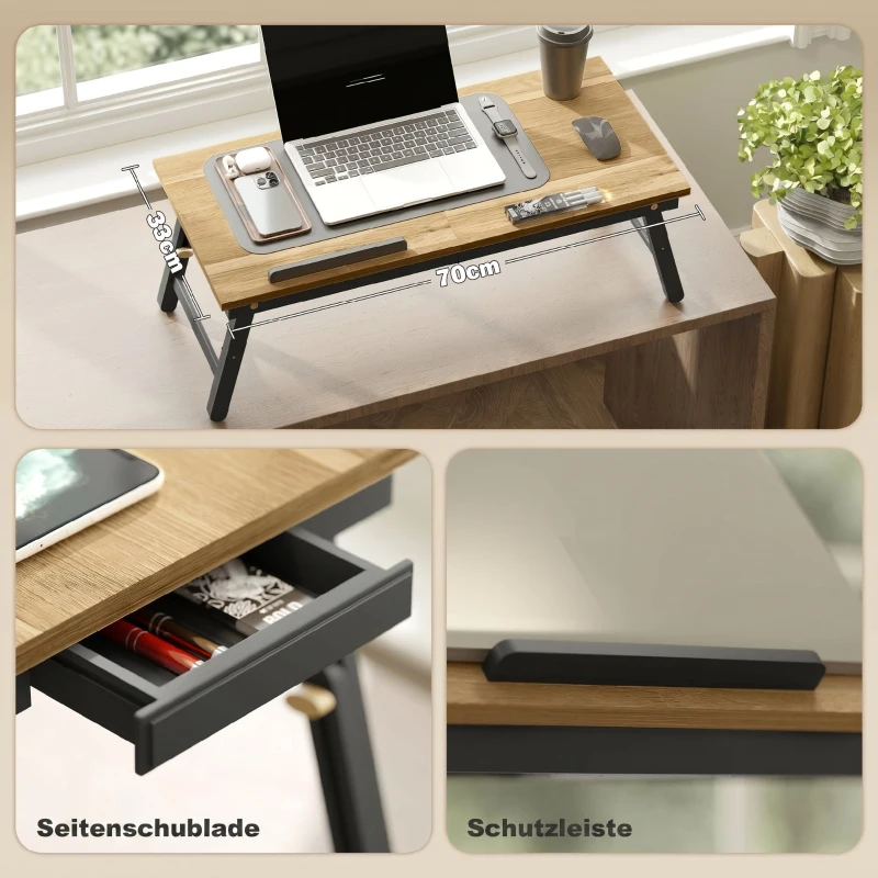 HOMCOM Betttisch, Laptoptisch Höhenverstellbar mit Schublade, Klappbar für Sofa Arbeiten Bett, Eiche