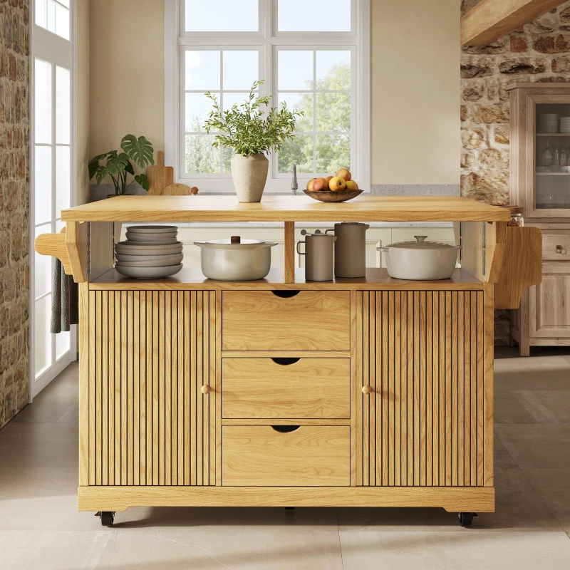 Foldable Serving Trolley with Ample Storage and Snack Racks, Mobile Kitchen Island for Balconies or Dining Room, 142.5L x 40W x 95H cm, Natural+Light Brown