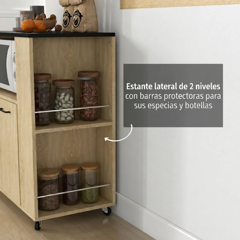 HOMCOM Carrito de Cocina con Ruedas 2 Puertas Estante Ajustable Especieros para Comedor 75x40x80,5 cm Natural