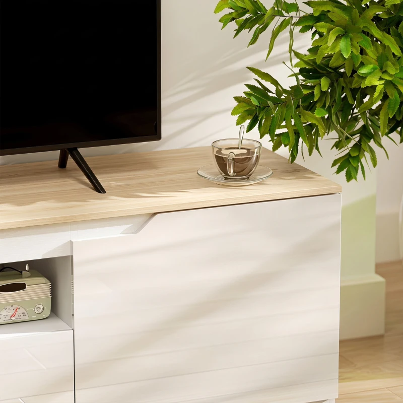 HOMCOM Lowboard TV, lucios, pentru televizoare de până la 165 cm, 3 compartimente, sertar, 160 x 38 x 43 cm, lemn natural