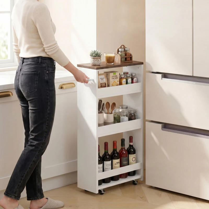 HOMCOM Carrito de Cocina Estrecho de 3 Niveles con Ruedas para Espacios Reducidos Comedor o Salón Blanco