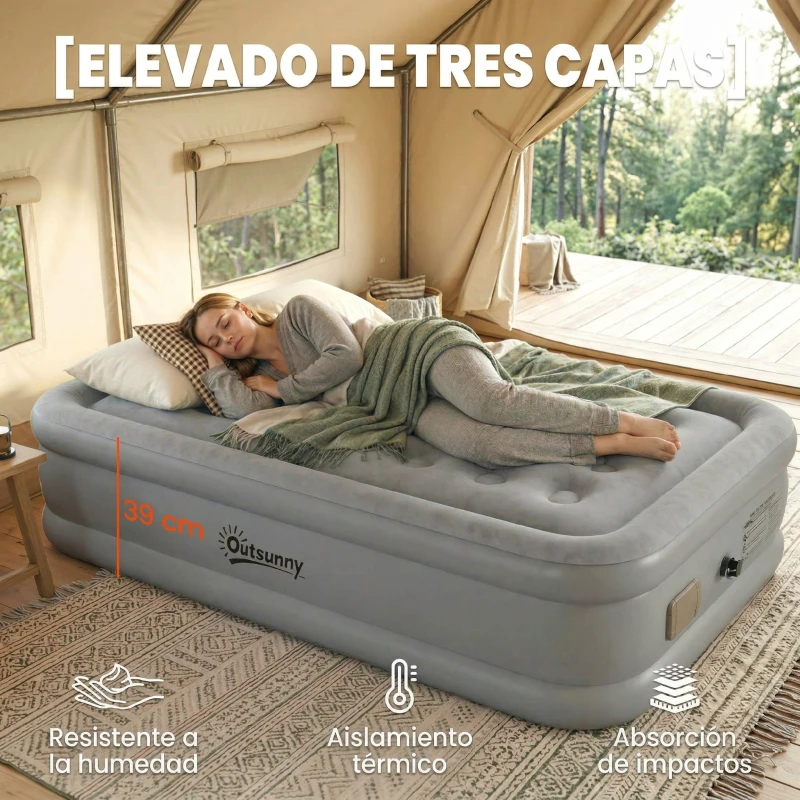 Outsunny Colchón Hinchable Individual Plegable con Bomba Inflado 3 Min Desinflado 2 Min Bolsa Carga 200 kg 190x97x39 cm Gris