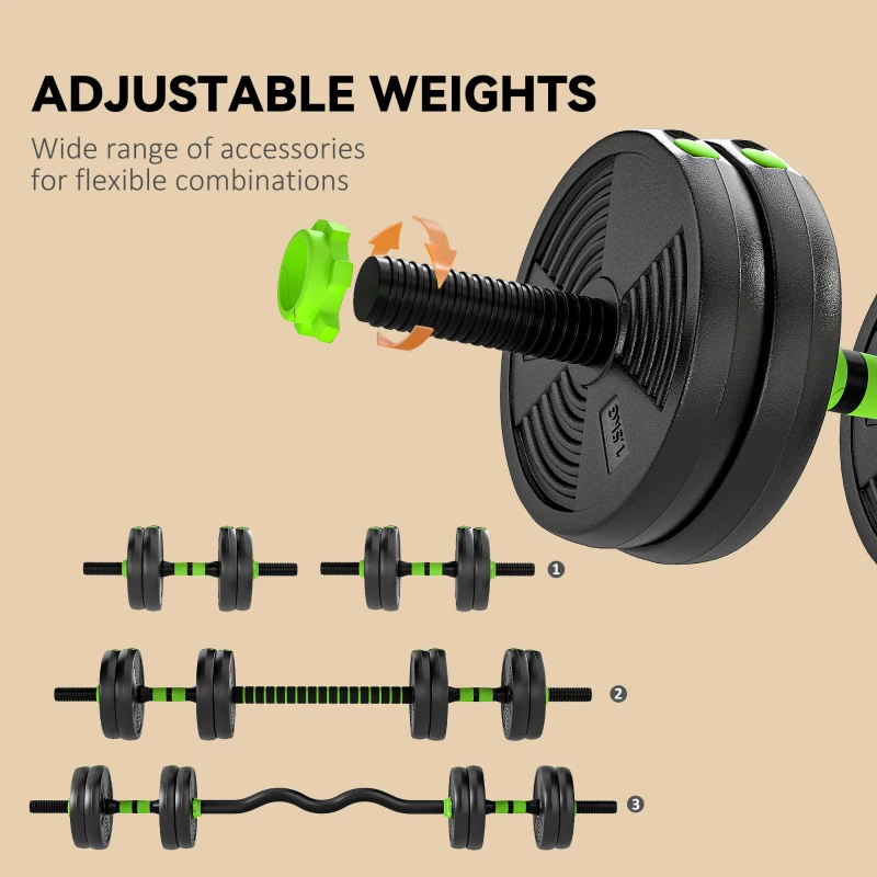 SPORTNOW 15 kg 3-in-1 Adjustable Dumbbell & Barbell Set with EZ Bar, Connecting Rod and Non-Slip Grip for Home Gym, Green