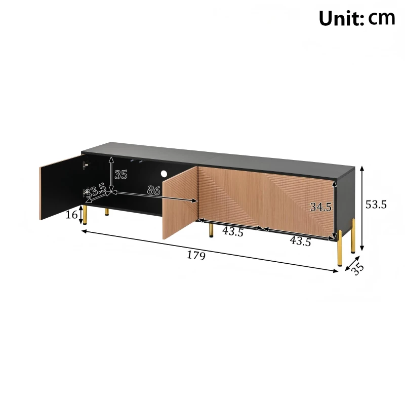 Spacious TV Cabinet with 4-Door Concealed Storage, Practical TV Stand for Dining Rooms and Living Rooms, 179L x 35W x 53.5H cm, Black+Wood