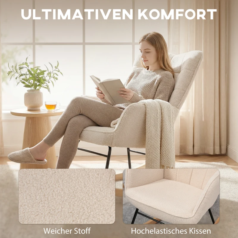 HOMCOM Schaukelstuhl im Retro-Design, Massivholz, Sessel, Relaxsessel, 98 cm x  71 cm x 101 cm, Beige(m-6)