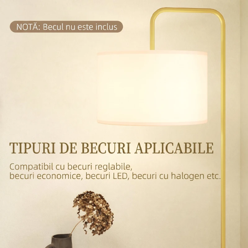 HOMCOM Lampadar Modern Arcuit din Oțel și Poliester, Auriu
