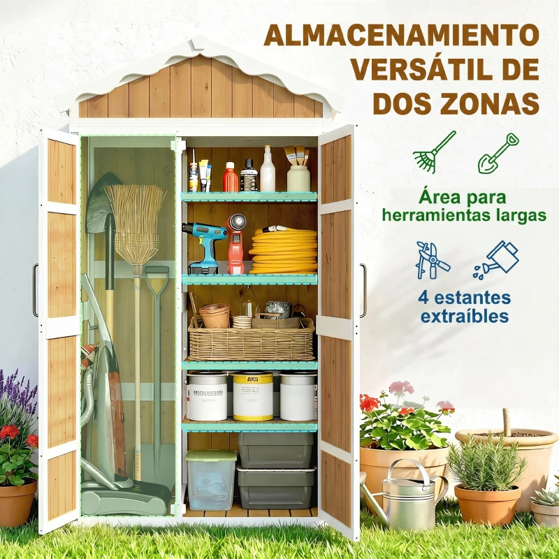 Outsunny Caseta de Jardín de Madera 105x55x179 cm Armario para Herramientas con 4 Estantes Techo de Metal Galvanizado Natural