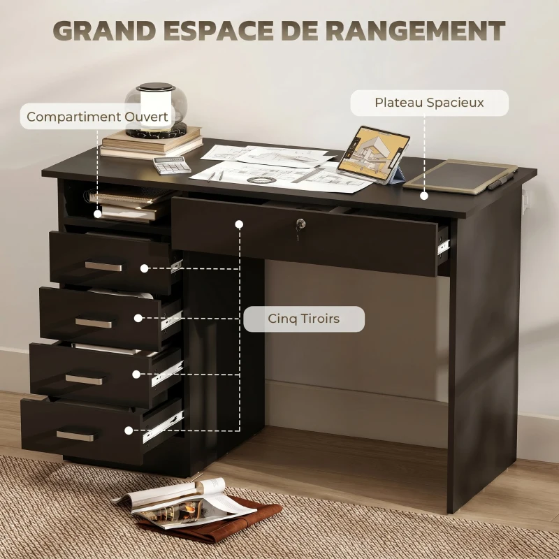 HOMCOM Bureau moderne avec 5 tiroirs, grand plateau, 1 compartiment ouvert, tiroir verrouillable, 110 x 50 x 76cm, noir
