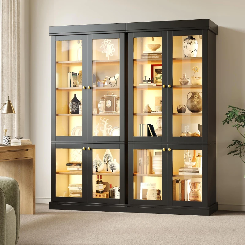 Modern Freestanding Display Cabinet with Height-Adjustable Shelves, LED Lighted Tall Showcase for Industrial Interiors, 80L x 40W x 180H cm, Black