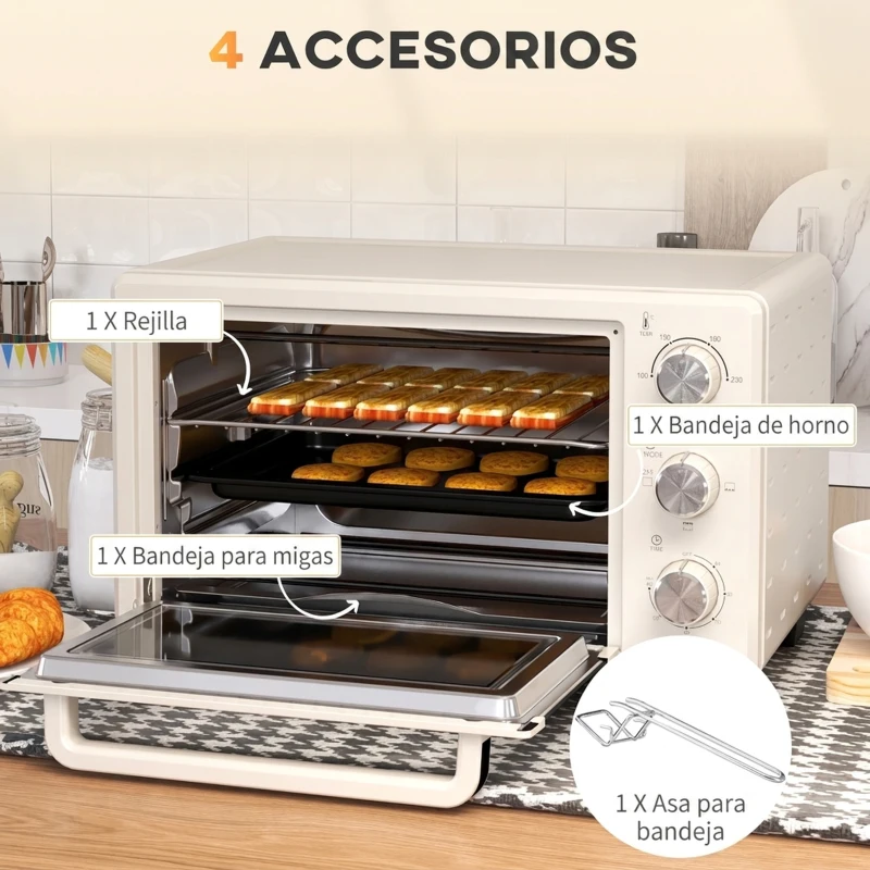 HOMCOM Horno Sobremesa de 21L 1400W Mini Horno Eléctrico Temporizador hasta 60min y Temperatura Regulable hasta 230℃ Crema