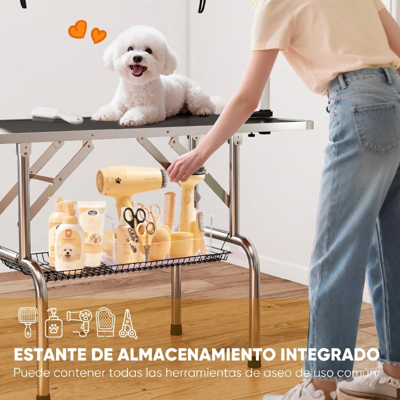 PawHut Mesa de Peluquería para Mascotas Mesa de Aseo Plegable con Estante de Almacenamiento Altura Ajustable 20-80 cm 107x60x170 cm Negro