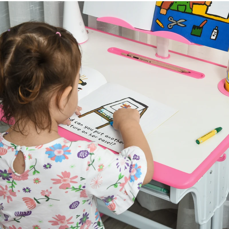 HOMCOM Kids Desk and Chair Set Adjustable Height Study Table Set with Drawer, Book Stand, Pen Slot - Pink