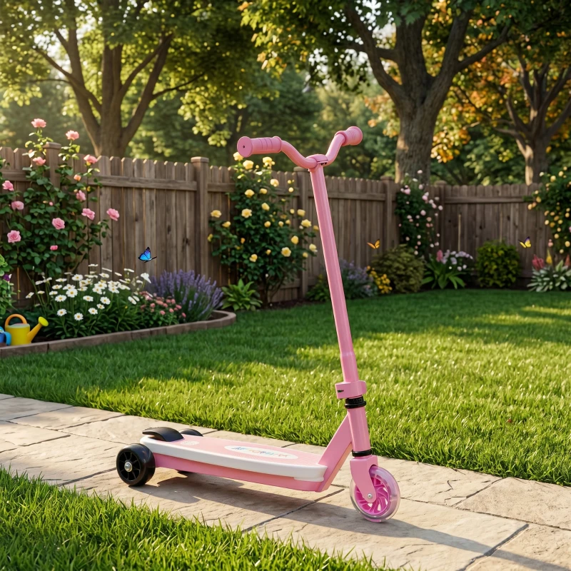 AIYAPLAY Electric Scooter for Kids Aged 4-7 Years, with Flashing LED Lights, Rear Auxiliary Wheels, Pink