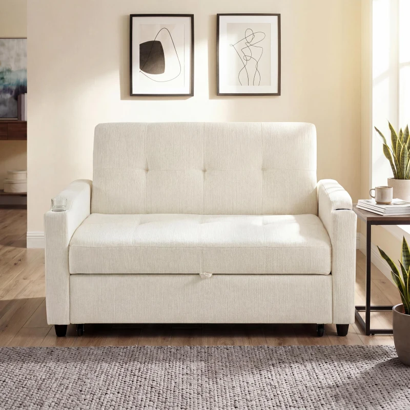 Convertible Sofa Bed with Adjustable Backrest, Functional Sleeper with USB & Type-C Charging and Cup Holders, 135L x 173W x 58H cm, Off White