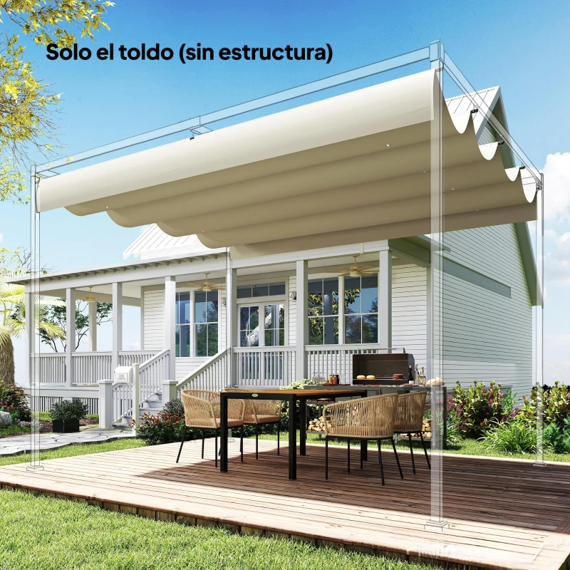 Outsunny Techo de Repuesto Retráctil 4x3,5 m para Marco de 4x3 m Toldo de Tela Solo para Cenador Jardín con 8 Orificios Crema