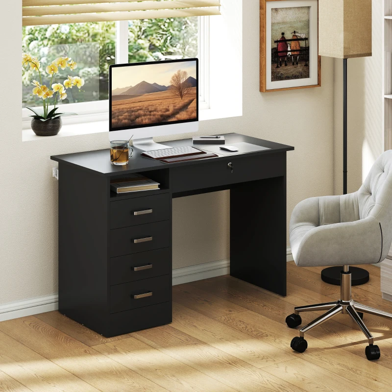 HOMCOM Bureau moderne avec 5 tiroirs, grand plateau, 1 compartiment ouvert, tiroir verrouillable, 110 x 50 x 76cm, noir