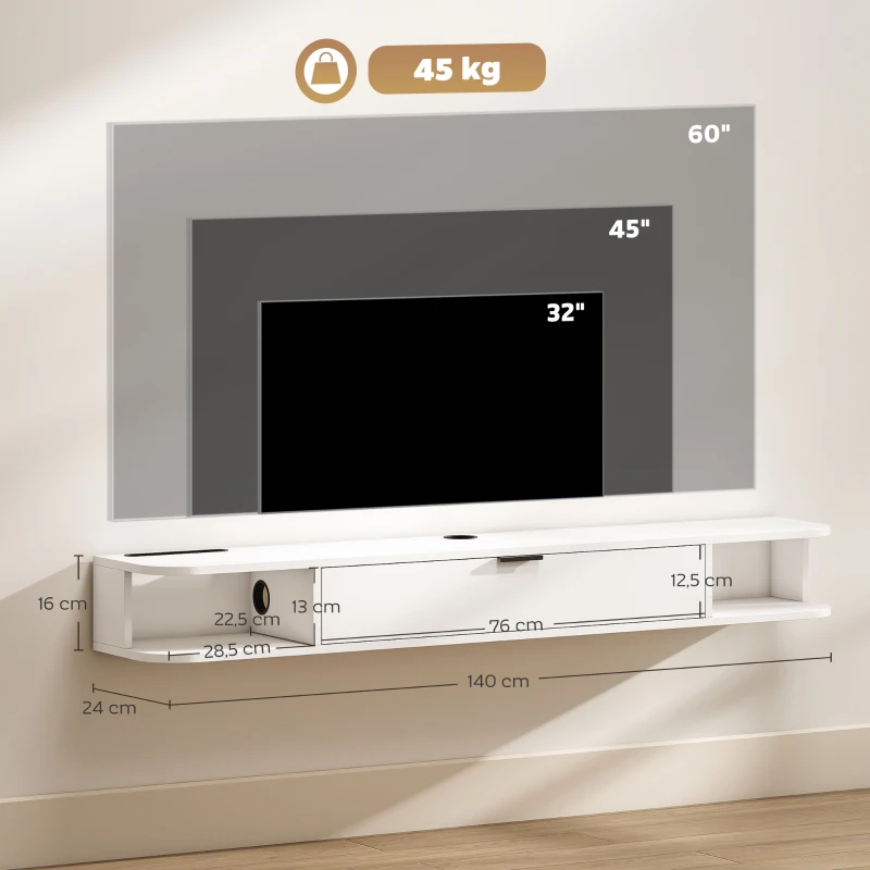 HOMCOM Móvel TV Suspenso, Móvel para Televisor até 60 Polegadas, Gaveta Rebatível, 2 Prateleiras, 140x24x16cm, Branco