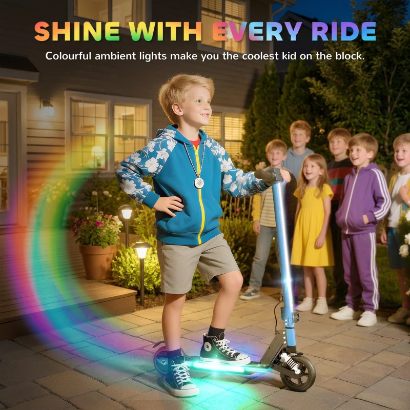 SPORTNOW Folding Electric Scooter for Kids, with Dual Brakes, Front Suspension, LED Colourful Lights, Blue
