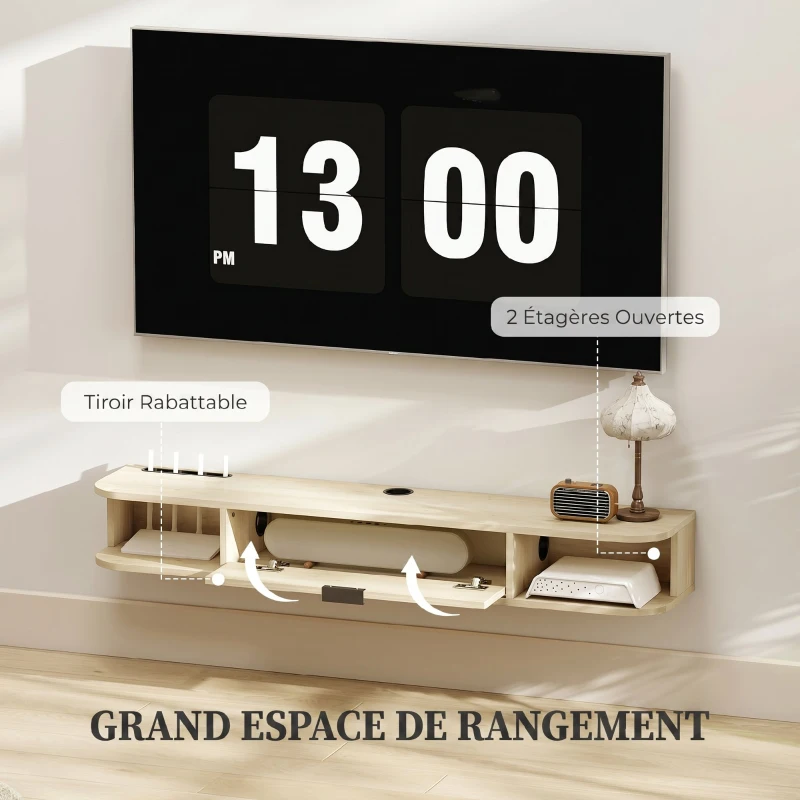 HOMCOM Meuble TV suspendu, meuble télé pour téléviseur jusqu'à 50 pouces, tiroir rabattable 2 étagères 120x24x16cm bois naturel