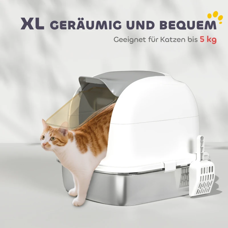 PawHut Katzenklo Edelstahl mit Deckel, Katzentoilette mit Wanne, Streuschaufel, für Katze unter 5 kg, 52,4 x 41,3 x 42 cm, Weiß