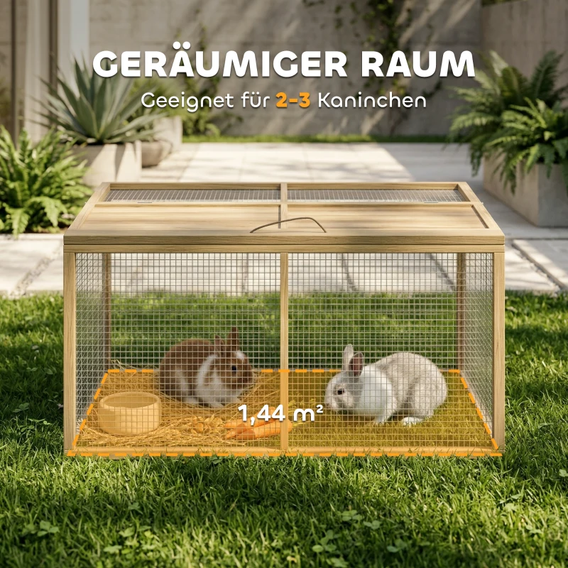 PawHut Kleintierkäfig, Kaninchenstall, aufklappbares Dach, Tannenholz, 120x120x57cm, Natur