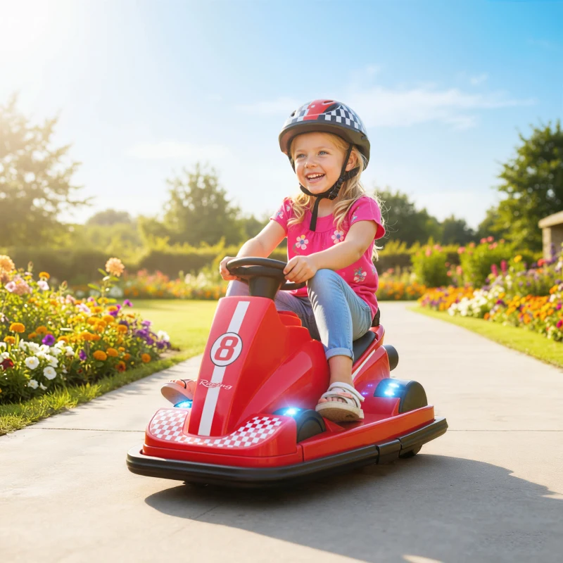 AIYAPLAY Autoscooter für Kinder, um 360 Grad drehbar, Lenkrad, LED-Lichter, Musikfunktion, 3-8 Jahre, Rot