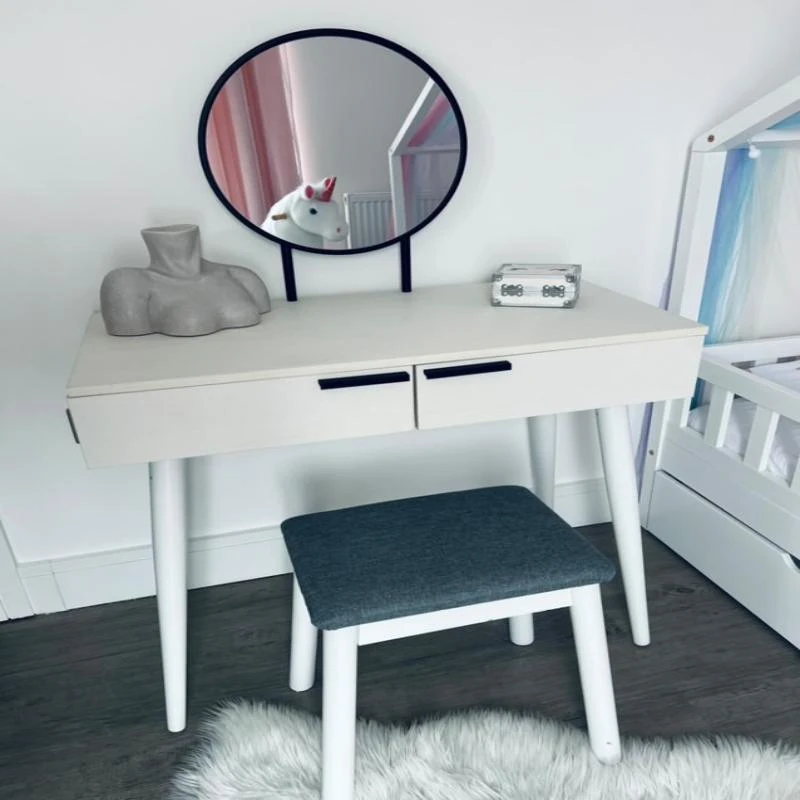 HOMCOM Modern Dressing Table with Round Mirror and Stool, Makeup Vanity Table with 2 Drawers for Bedroom, Living Room, 80 x 40 x 123 cm, White