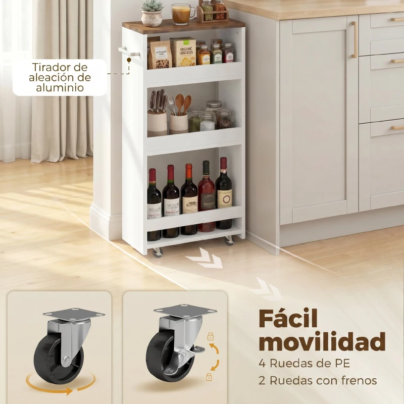 HOMCOM Carrito de Cocina Estrecho de 3 Niveles con Ruedas para Espacios Reducidos Comedor o Salón Blanco