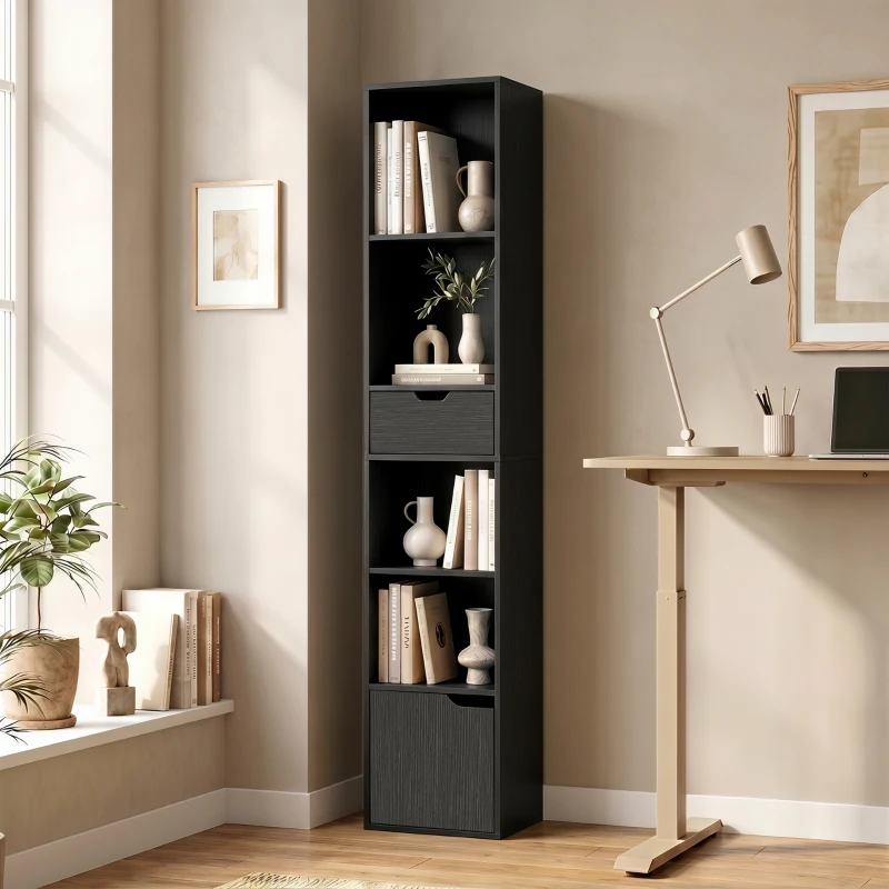 HOMCOM 6-Fach Bücherregal mit Schublade und verstellbarem Fach, freistehender Aufbewahrungsschrank, 30 x 24 x 158 cm, Schwarz
