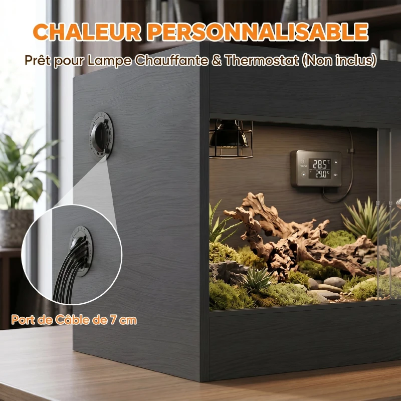 PawHut Terrarium pour Reptiles en Bois OSB, Porte en Verre Trempé, Serrure Sécurisée et Couvercle en Filet, 60x45x45cm, Noir