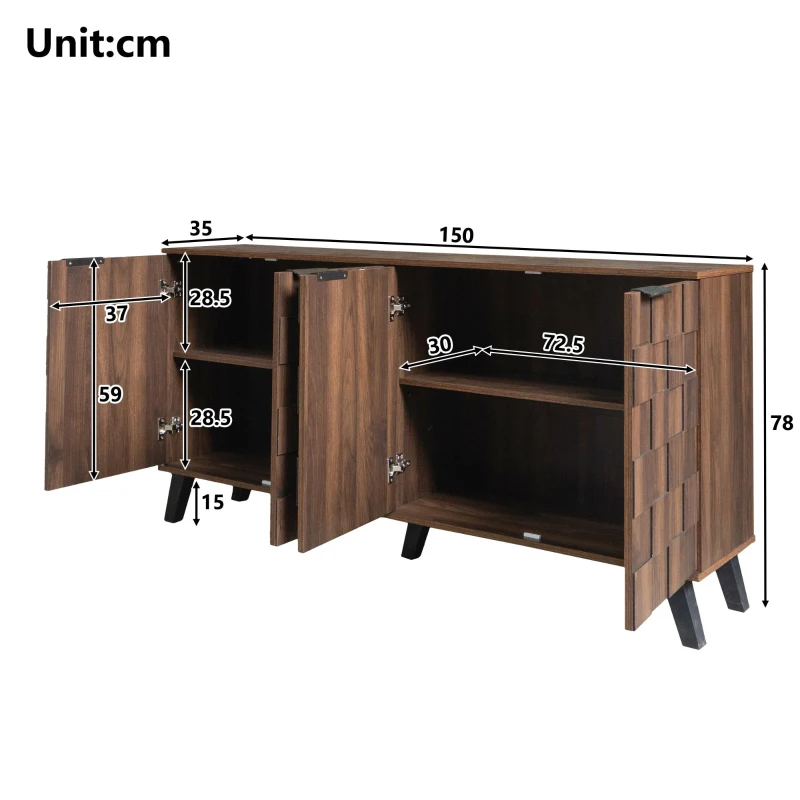 Generous 4-Door Sideboard with Adjustable Shelves, Versatile Cabinet for Living rooms, Bedrooms, or Entryways, 150L x 35W x 78H cm, Wood