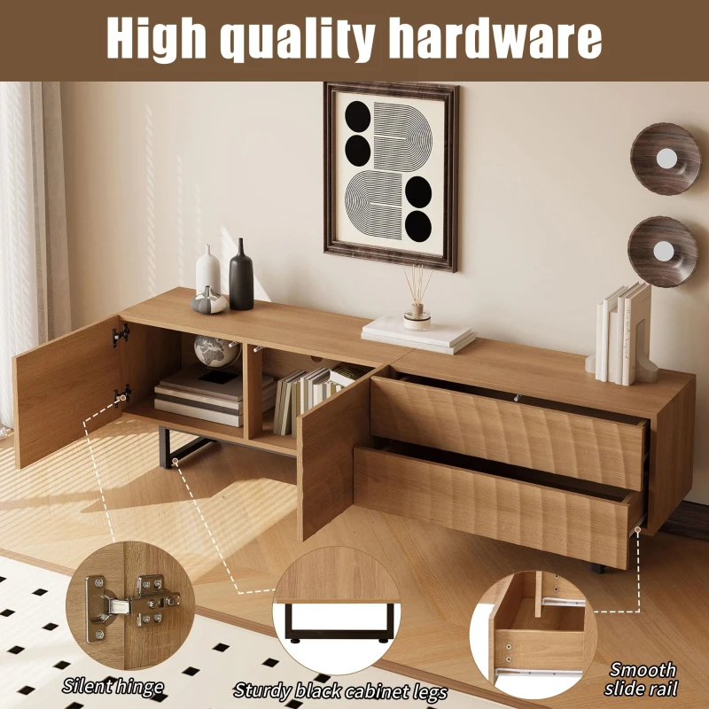 Practical TV Cabinet with 2-Door Cabinet and 2 Drawers, Solid TV Stand with Metal Legs and Particleboard Frame, 180L x 38W x 51.5H cm, Wood