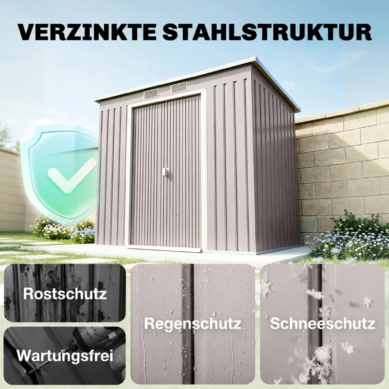Outsunny Geräteschuppen, mit Lüftungsfenstern, Schiebetüren, verzinkter Stahl, 213 x 130 x 172 cm, Hellgrau