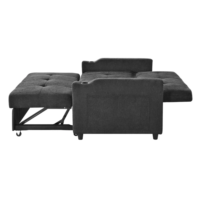 Convertible Sofa Bed with Adjustable Backrest, Functional Sleeper with USB & Type-C Charging and Cup Holders, 135L x173W x 58H cm, Dark Grey