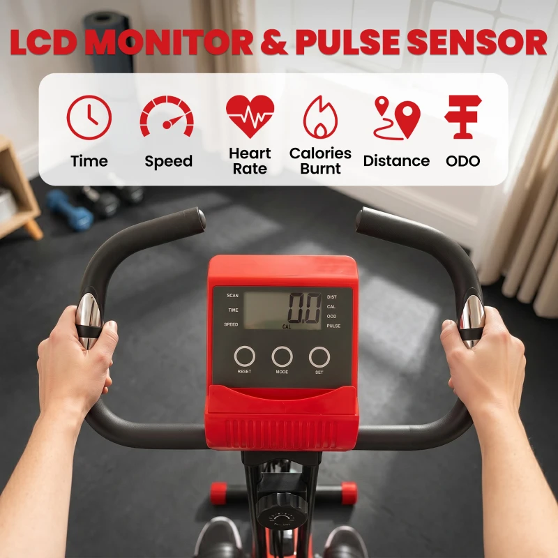 HOMCOM 2-in-1 Folding Exercise Bike with 8-Level Magnetic Resistance, Arm Resistance Band, Pulse Sensor, Red