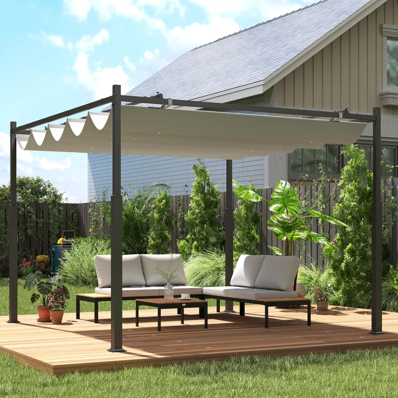 Outsunny Pergola de jardin exterieur 3 x 3 m avec toit rétractable et fixation magnétique, abri soleil UPF30+, crème