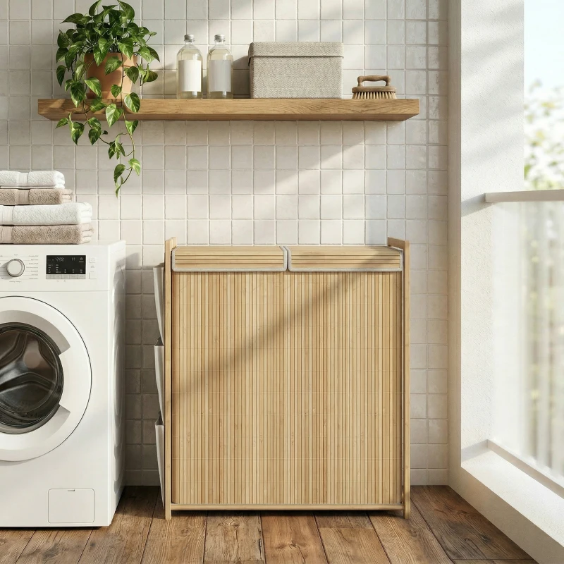HOMCOM Cesto de Ropa Sucia de Bambú con Tapa 120L con 2 Bolsas con Cordón Extraíbles y Lavables Bolsillos Laterales Natural