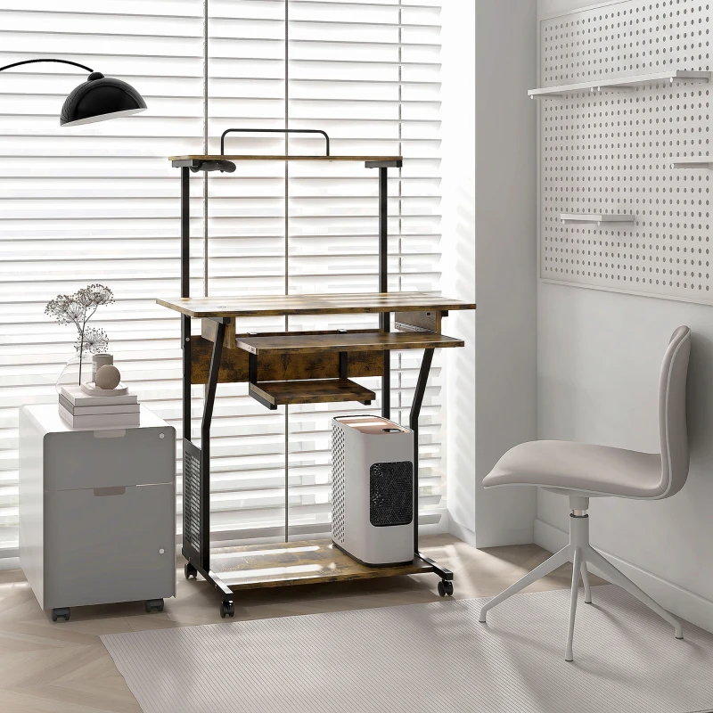 HOMCOM Birou pentru calculator pe roți cu rafturi de depozitare, post de lucru și blat pentru tastatură, 80x50x130cm, maro