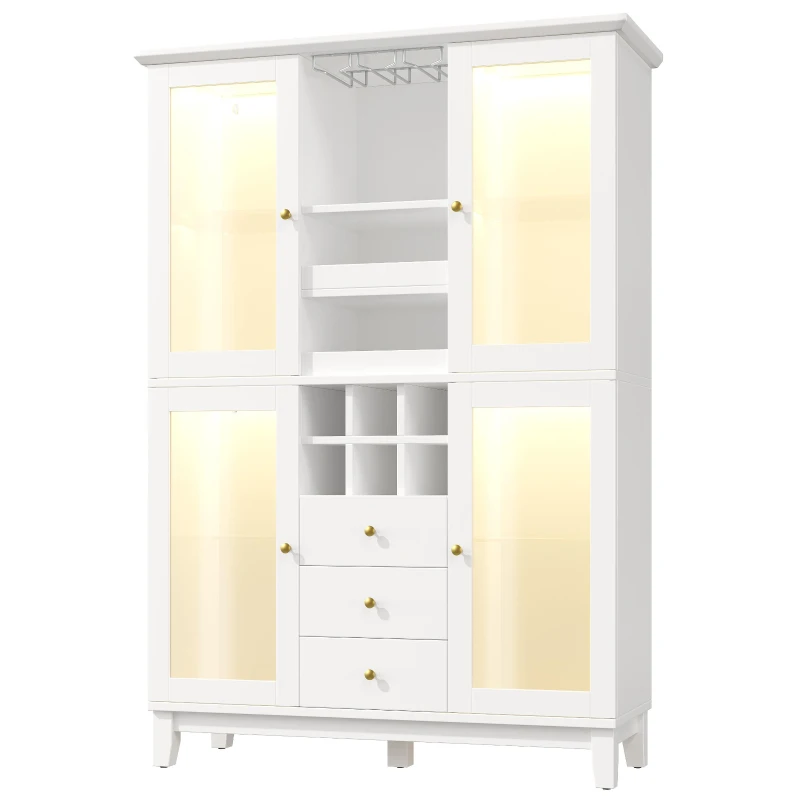 White Wine Cabinet with App-Controlled RGB LED Lighting, Adjustable-Dlass-Shelf Showcase with Wine Rack and Glass Holder, 120L x 40W x 180.5H cm, White