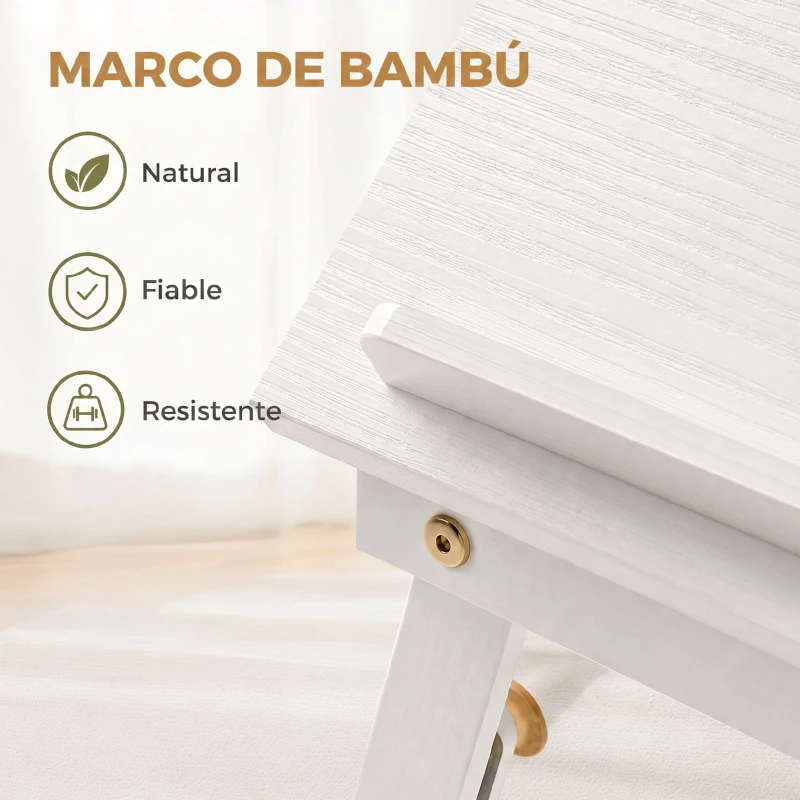 HOMCOM Mesa para Cama Plegable y Ajustable Superficie para Portátil en Bambú con Tablero Inclinable 83,5x33x34 cm Blanco