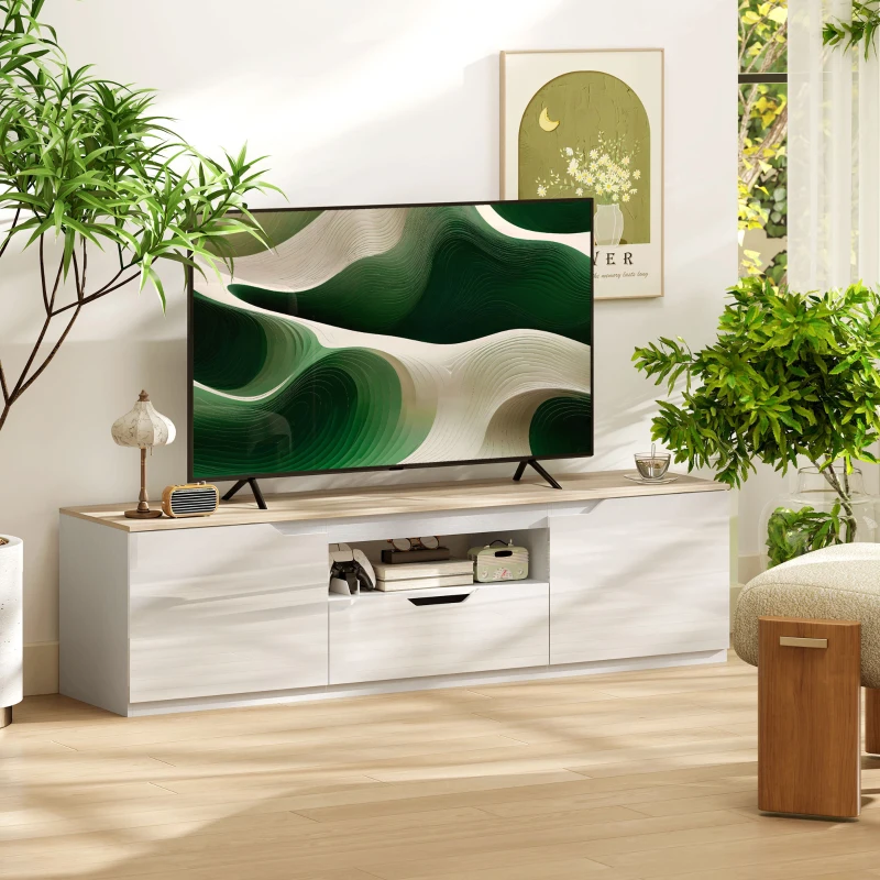 HOMCOM Lowboard TV, lucios, pentru televizoare de până la 165 cm, 3 compartimente, sertar, 160 x 38 x 43 cm, lemn natural